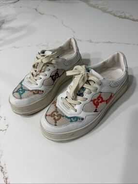 Gucci GG Logo-Detailed Leather and Multi Colored Embroidered Canvas Sneakers 39